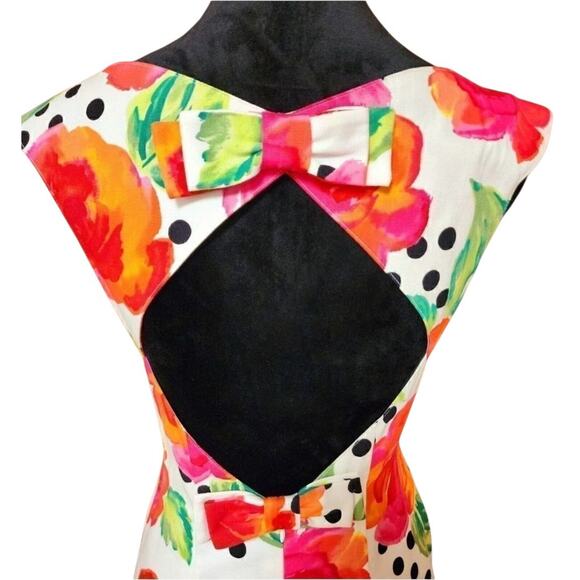 Geary Roark Vintage 6P Sleeveless Floral Rose Polka Dot Open Back Bow Dress - Picture 6 of 7
